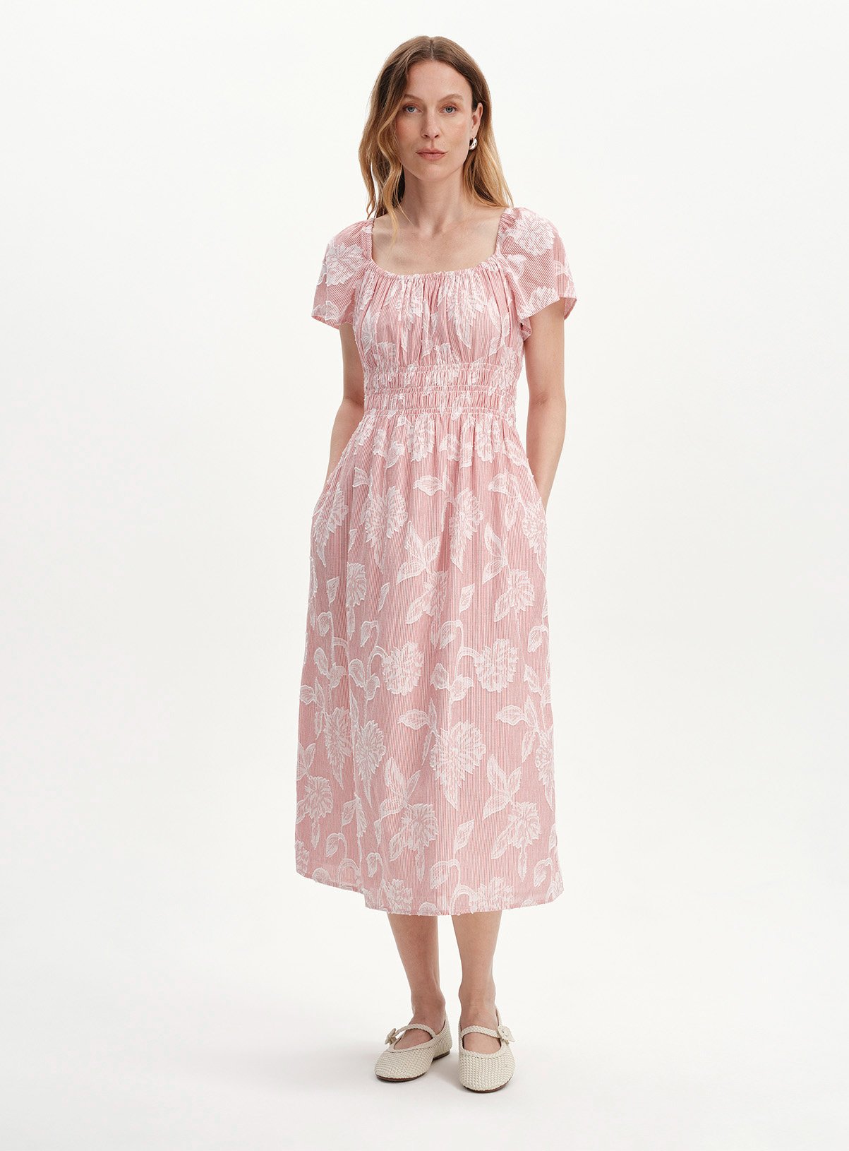 FINERY Maia Floral Stripe Shirred Waist Dress 14 - Image 2 thumbnail